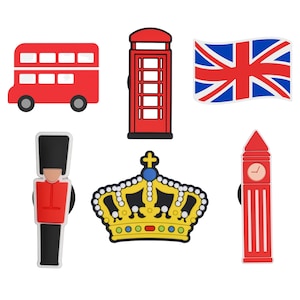 May include: A collection of colorful, cartoon-style charms featuring iconic British symbols. Includes a red double-decker bus, a red telephone booth, a Union Jack flag, a royal guard, a gold crown, and a Big Ben clock tower.