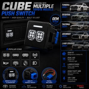 Könnte beinhalten: Schwarzer Cube-Druckschalter, kompatibel mit mehreren Toyota-Modellen. Mit 8 beliebten Symbolen und heller Beleuchtung. Inklusive Kabel und für Abenteuer gebaut. Einfache Installation.