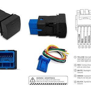 May include: A black rectangular push-button switch with a blue connector base, accompanied by a wiring harness featuring yellow, red, white, green, and black wires. Includes a wiring diagram and a warning label stating: WARNING - ADVERTENCIA You must use a relay or the switch melt.