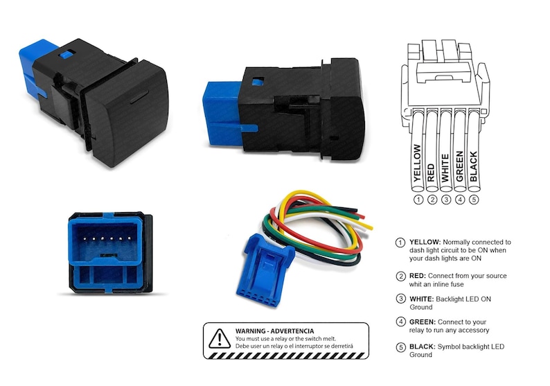 May include: A black rectangular push-button switch with a blue connector base, accompanied by a wiring harness featuring yellow, red, white, green, and black wires. Includes a wiring diagram and a warning label stating: WARNING - ADVERTENCIA You must use a relay or the switch melt.