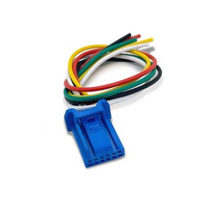 May include: A blue plastic electrical connector housing with a rectangular shape and a locking tab, attached to a bundle of five insulated wires in yellow, red, green, black, and white colors, extending from the rear of the connector component.