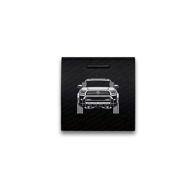 May include: A square black box featuring a white line art illustration of a Toyota truck front view centered on the lid. The background of the box is embossed with a repeating pattern of the text CHX4 INDUSTRIES in a subtle dark finish.