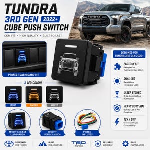 Könnte beinhalten: Ein schwarzer quadratischer Druckschalter für Toyota Tundra 3. Generation ab 2022. Der Schalter verfügt über ein lasergraviertes LKW-Symbol und eine horizontale LED-Anzeige. Ein Kabelbaum ist enthalten und für 12V/24V-Systeme geeignet.
