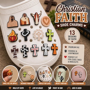 May include: A white clog shoe decorated with 13 Christian faith shoe charms. The charms depict crosses, religious figures, and symbols. The image includes text that says "Christian Faith Shoe Charms" and "13 Designs of Faith."