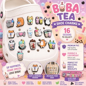 Puede incluir: Zapato blanco con múltiples dijes de zapatos coloridos con temática de té boba. Los dijes presentan varios personajes de animales y tazas de té boba. La imagen también incluye el texto "Boba Tea Shoe Charms" y "16 Designs to Collect!"