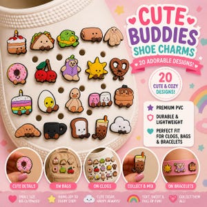 May include: A collection of 20 adorable "Cute Buddies" shoe charms in various designs, including food items, animals, and suns. The charms are made of premium PVC and are designed to fit clogs, bags, and bracelets. The image also shows the charms on a shoe, a backpack, and a bracelet.