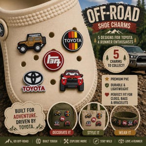 May include: A beige shoe adorned with Toyota-themed shoe charms. The charms feature a brown SUV, a red truck, and Toyota logos. Text on the shoe reads "BUILT FOR ADVENTURE. DRIVEN BY TOYOTA." The image promotes the charms for clogs, bags, and bracelets.