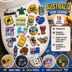 Puede incluir: Un conjunto de 19 dijes para zapatos con temática australiana, que incluyen un canguro, un koala y una tabla de surf. Estos dijes de PVC duraderos y ligeros están diseñados para zuecos, bolsos y pulseras. La imagen incluye el texto "Australia Shoe Charms" y "Happy Australia Day".