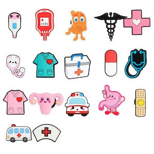 May include: A collection of colorful medical-themed charms, including a thermometer, blood bag, and a sad orange character. Other charms include a caduceus, a stethoscope, a nurse's uniform, a first aid kit, a pill, and a bandage.