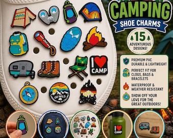 Camping Shoe Charms – PVC Outdoor Adventure Accessories (Tent, Compass, Boot, Campfire)