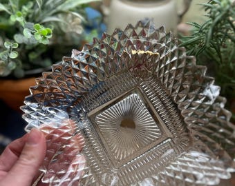 INDIANA GLASS One ruffled crystal glass dish~ diamond point edges~  1 MCM  candy bowl per listing