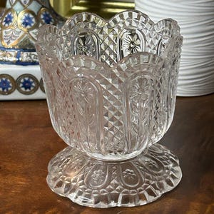 Avon tulip candle holder Vintage Fostoria Clear cup Glass Candle Holder Daisy & Diamond Cut Footed