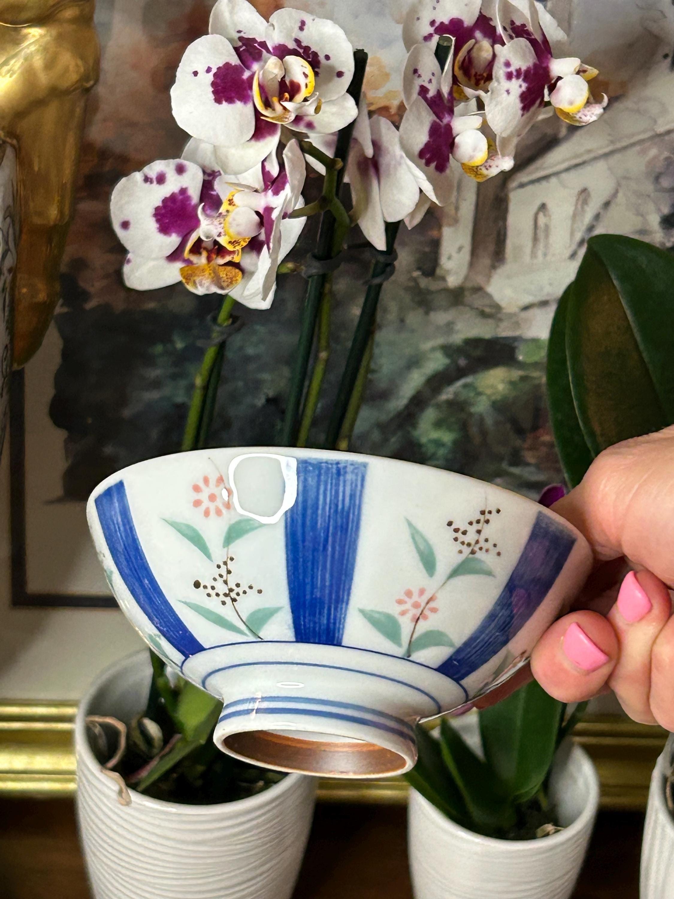 Vintage Blue, White & rose PINK Floral Pattern Porcelain Made in Japan small painted striped Rice bowl chinoiseries trinket dish orchid bowl