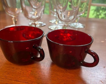 Vintage Anchor Hocking Ruby Red Coffee Tea Cups ~Set of 2 ruby mugs 1970s MCM