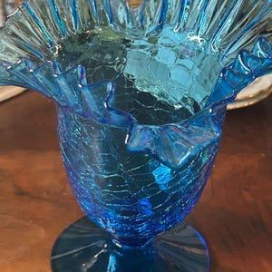 Blue Midcentury Blenko ruffled pedestal bowl vase large Art Glass Turquoise Azure Blue Crackle Ruffle Blown Glass