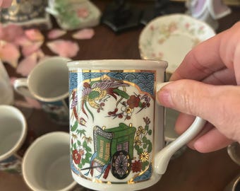 Vintage Imari Ware Mug EACH: Japanese Porcelain, Rickshaw & Bird Design