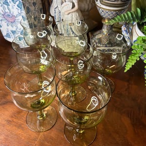 Green Wine Glasses or water goblets -Skanda Green in Verde Green  Imperial Glass- Set of 7 glasses- vintage Barware 8 Ounce tulip shaped top