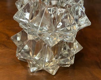 Indiana glass geometric stacking candle holders Vintage Crystal Starburst Diamond Star Shaped Art Glass Votive Holder~ Set of 4