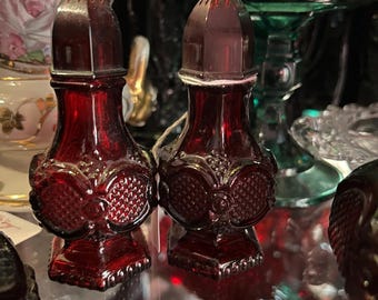Vintage Avon Cape Cod Ruby Red Salt & Pepper Shakers - 1978 Pressed Glass Set