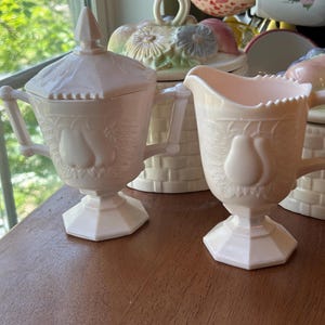 Vintage Jeanette Shell Pink Milk Glass Cream & Sugar Set: Baltimore Pear 1950s