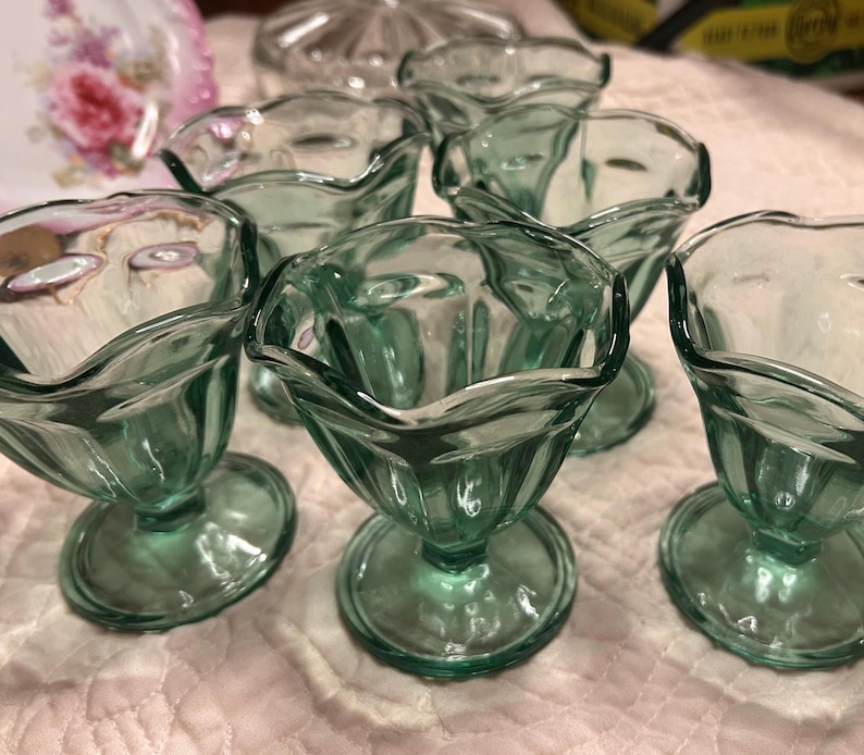 Set of green glass anchor hocking Sundae dessert ice cream cups set of 6 mid century glasses Coastal sea green Summer Dinner party