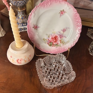 1900s 1950s rose curated  vintage- cottage- German 1930s plate, vintage hand painted rose candle holder, square sawtooth fan/shell EAPG dish