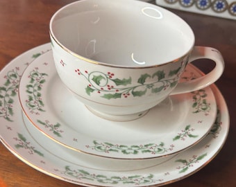 Gibson Holly tea set with cup, saucer, and dessert plate
