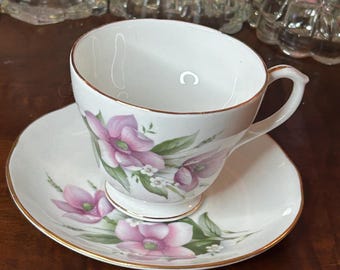 Duchess Bone China Tea Cup and Saucer: Wood Anemone, Purple Floral, Gold Trim