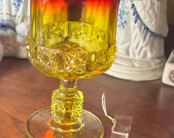L.G. Wright Daisy and Cube Amberina Cadmium Glow Art glass water goblet ~ unusual Yellow to Red~ 1950-1959