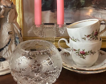 Crystal candle lantern ~Vintage Crystal Clear Art Cut Etched Frosted Glass Fish/Rose Bowl~Bubble Sphere Vase with leafy Ivy Floral Pattern