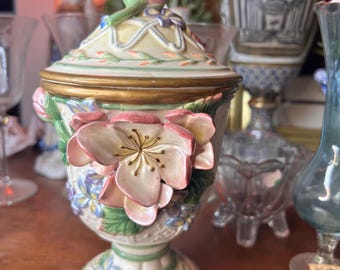 Vintage Fitz & Floyd Garden Rhapsody Lidded Candy Dish, 3D Embossed Spring Roses Pink Blue and pedestal bowl