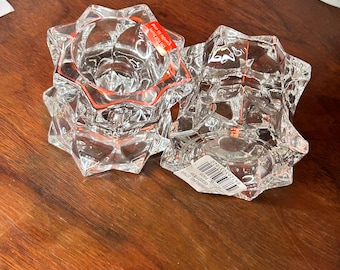 Mikasa Geometric starburst diamond crystal candle sticks ~one pair ~sparkling star votive holder
