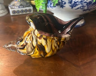 Vintage Murano Art Glass Conch Shell - Purple Tiger Eye - 1970s Coastal Decor