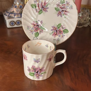 Vintage Carpentree small demistasse type Cup & Saucer Set Purple Violets Gold Trim England- perfect gift for Teacup collectors- Mother’s Day