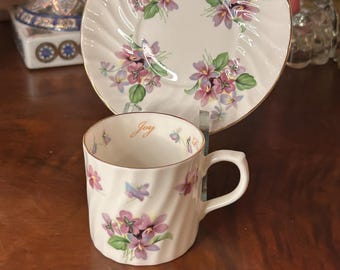 Vintage Carpentree Demitasse Cup & Saucer: Purple Violets, Gold Trim, Made in England