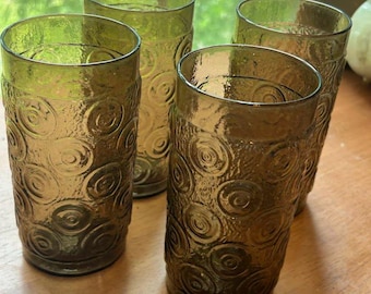 Fostoria Inca Modern Primitives ~smoky brown~ set of 4~ four tumblers signed 1955-1965 MCM Tall Cooler Highball Glasses