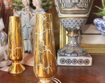 Crackle Gold and White Hollywood Regency Vase MCM style column pedestal glazed painted ceramic bud vase 1970