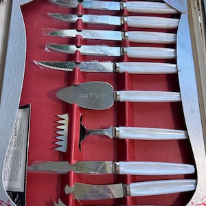 Antique Vintage Regent Sheffield England Cutlery Set Stainless Steel Blades White Handle with Box- missing some- see pictures