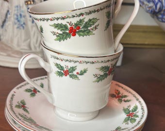 Tea cups &saucers centurion collection China ~ pair of two in a four pcs set~ holly and berry with gold Christmas or Winter Tea for two gift