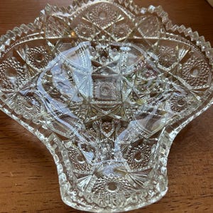 May include: A clear, pressed glass basket-shaped dish with a detailed, geometric pattern. The dish features a scalloped rim and a textured surface, reflecting light. The basket design is ideal for serving or display.