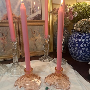 Tea room pink 1930s candle holders Art Deco Depression Glass Candlestick Holder Pair- Tea Room 1930s Indiana glass cottage core shabby chic