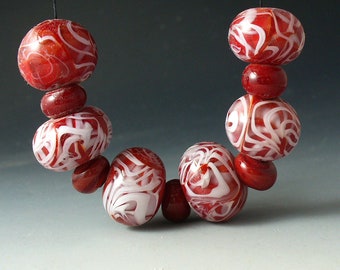 Red and White Lace SRA LAmpwork Glass Beads by Catalinaglass