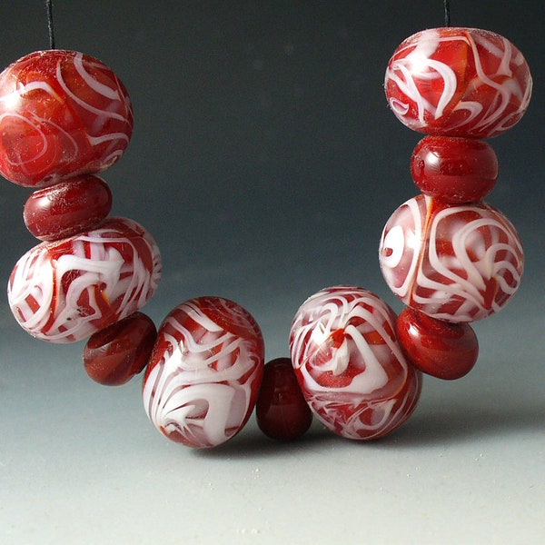 Red and White Lace SRA LAmpwork Glass Beads by Catalinaglass