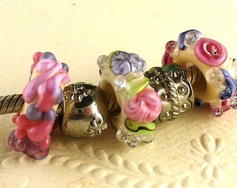 Big hole beads/european style lampwork/lampwork beads/glass beads/handmade lampwork/roses/large hole beads/floral/sra lampwork/