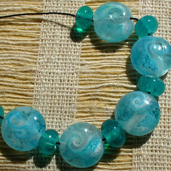 Lampwork Glass Beads SRA Handmade by Catalinaglass Aqua Swirls. MTO