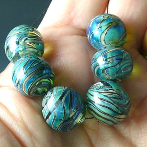 Lampwork beads/SRA lampwork beads/beads/rainbow/blue green/Double Helix/artisan lampwork/luster/metallic/ image 4