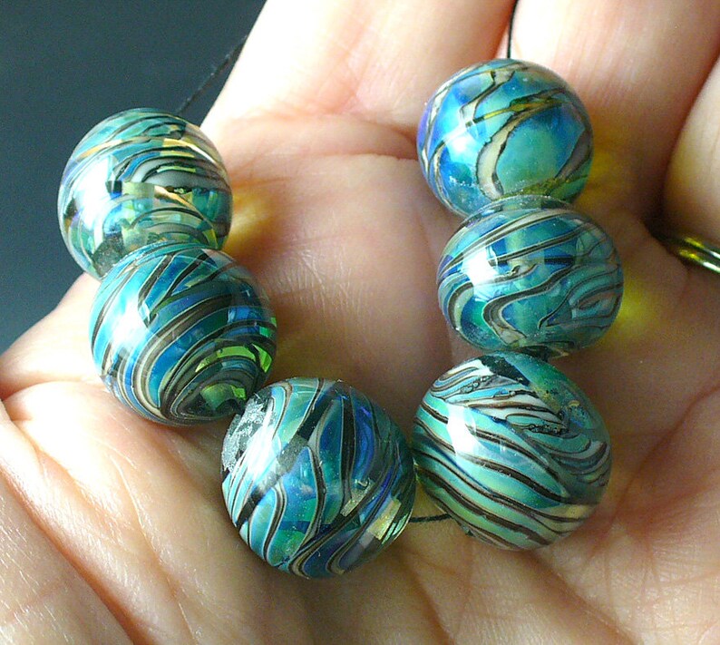 Lampwork beads/SRA lampwork beads/beads/rainbow/blue green/Double Helix/artisan lampwork/luster/metallic/ image 4