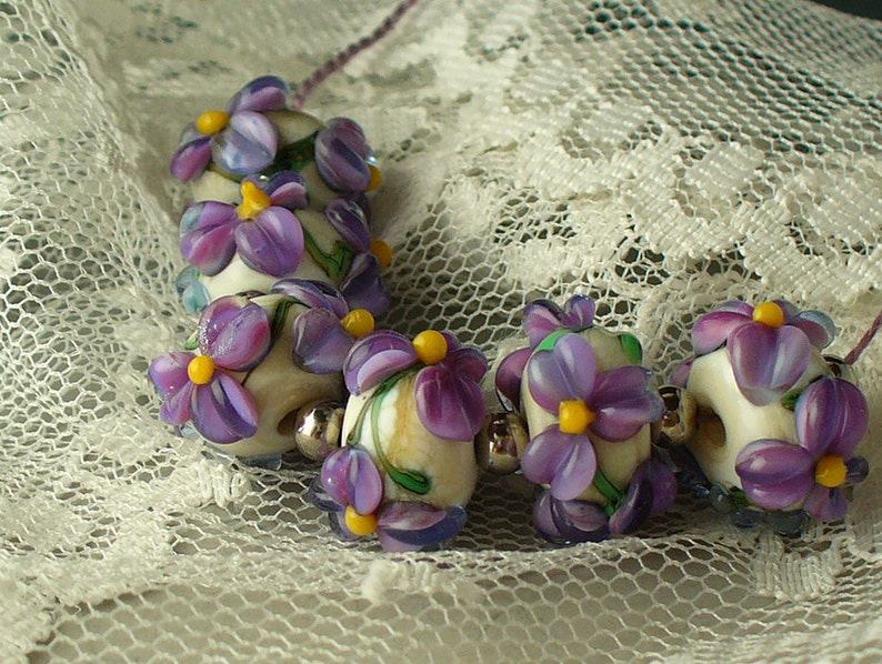 lampwork beads/glass beads/handmade lampwork/beads/violets/lavender/purple/flowers/garden/MTO image 4