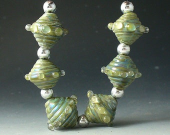 Blue Green  Bicones-/lampwork beads/catalinaglass/Double Helix/