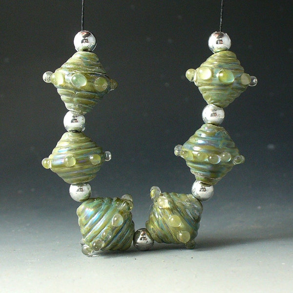 Blue Green  Bicones-/lampwork beads/catalinaglass/Double Helix/